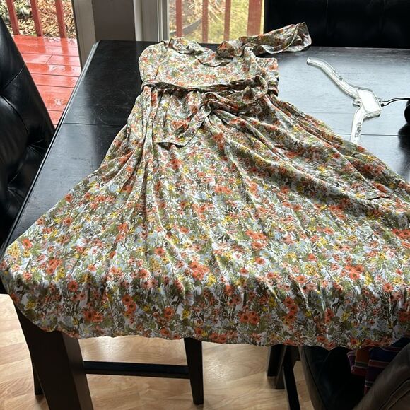 Land's End Dress midi lightweight ruffled collar brown white orange yellow small - Picture 12 of 16